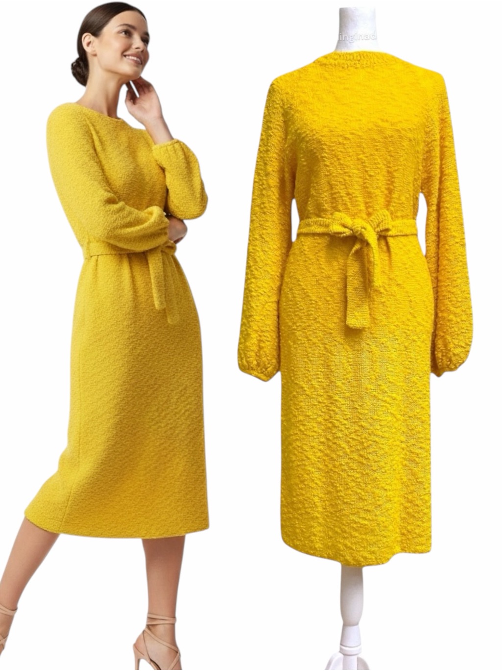 Vintage 1960s St. John Knits First Era Yellow Boucl Bishop Sleeve Midi Dress